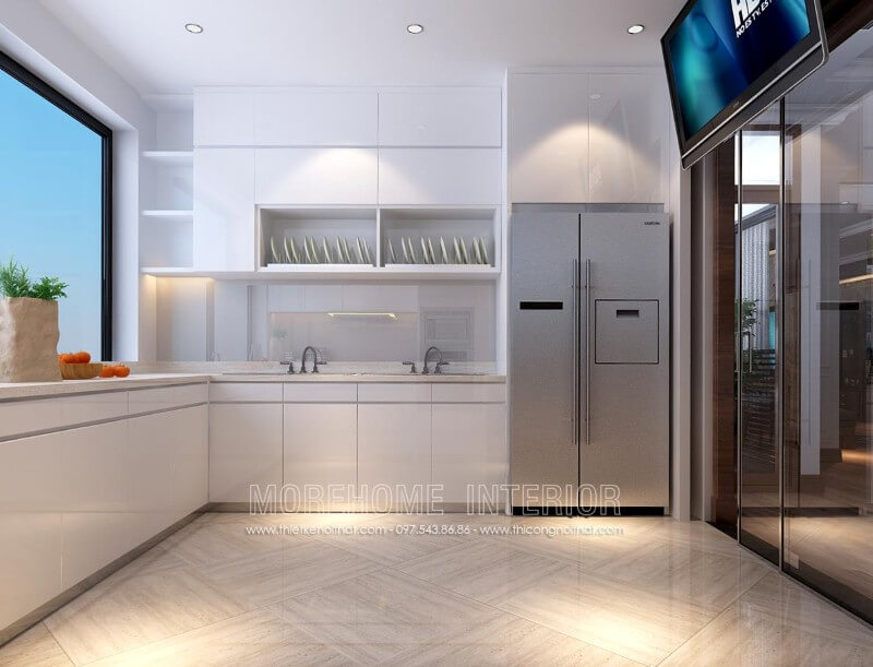 Tủ bếp chữ L hiện đại được thiết kế âm tường giúp tiết kiệm tối đa diện tích cho không gian nhà nhỏ Tủ bếp hiện đại đẹp