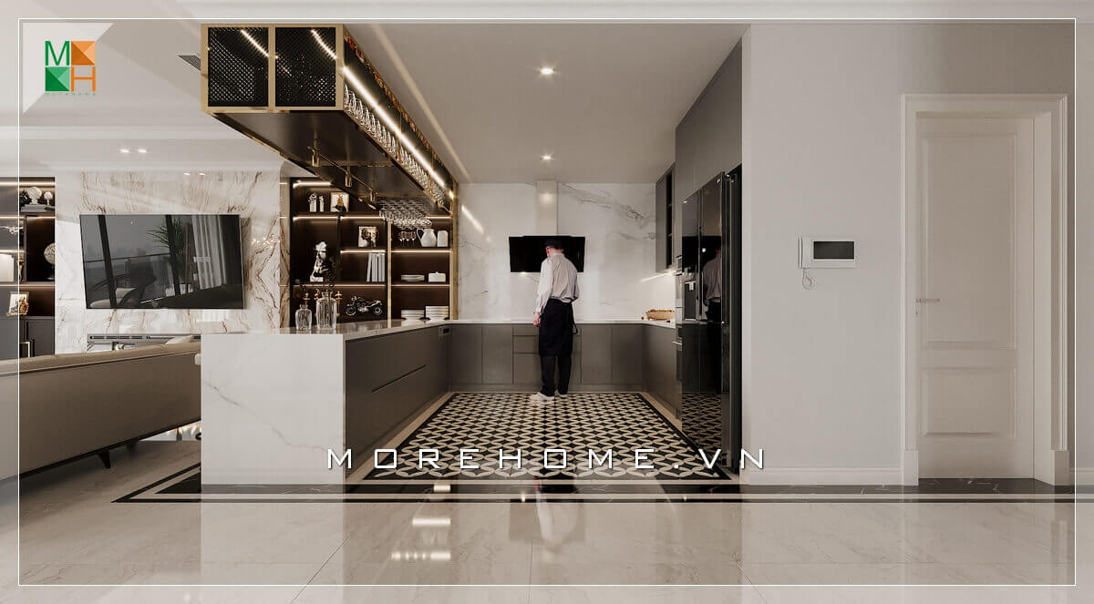 Mẫu tủ kệ gỗ treo đẹp và sang trọng, có công dụng để đồ để cốc và ly tiện lợi và đẹp. Thiết kế tủ bếp chung cư