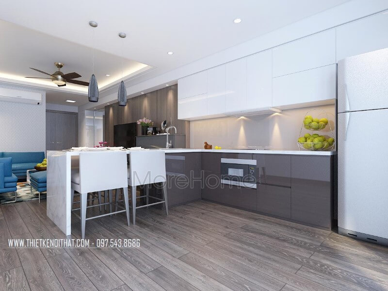 Nội thất phòng bếp hiện đại được thiết kế liền kề với không gian phòng khách giúp cho gia chủ có một không gian dùng bữa thuận tiện và ấm cúng hơn Thiết kế phòng bếp, tủ bếp đẹp