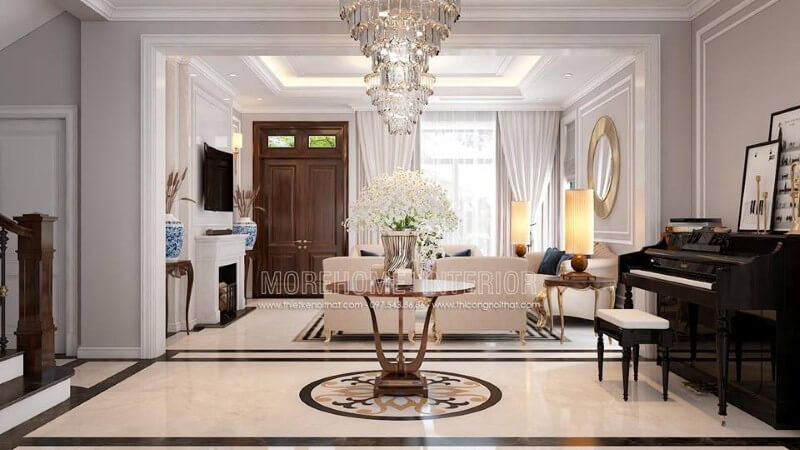Trang trí nội thất phòng khách tân cổ điển có đàn piano đẹp, sang trọng tại biệt thự Palm Garden. Thiết kế phòng khách nhà phố