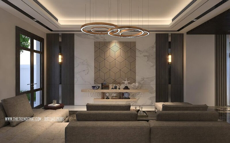 Đá ốp tường vân mây cùng họa tiết 3D điểm nhấn tạo góc nhìn độc đáo, sang trọng cho phòng khách biệt thự, nhà phố hiện đại. Thiết kế phòng khách nhà phố
