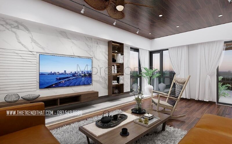 Bố trí nội thất phòng khách đẹp cho biệt thự, nhà phố với đá ốp tường vân mấy trang trí đẹp mắt, sang trọng. Thiết kế phòng khách nhà phố