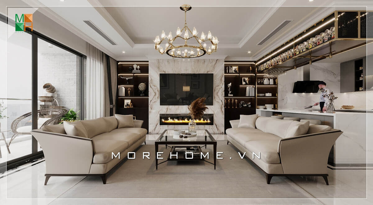 Ấn tượng mẫu đá ốp đối vân tường treo tivi hiện đại và sang trọng khiến căn phòng khách trở nên sáng tạo và độc đáo hơn. Thiết kế phòng khách nhà phố