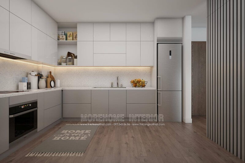 Hệ thống tủ bếp trên, tủ bếp dưới thiết kế hiện đại, mang đến khu vực chứa đồ tiện nghi Thiết kế và sản xuất tủ bếp đẹp