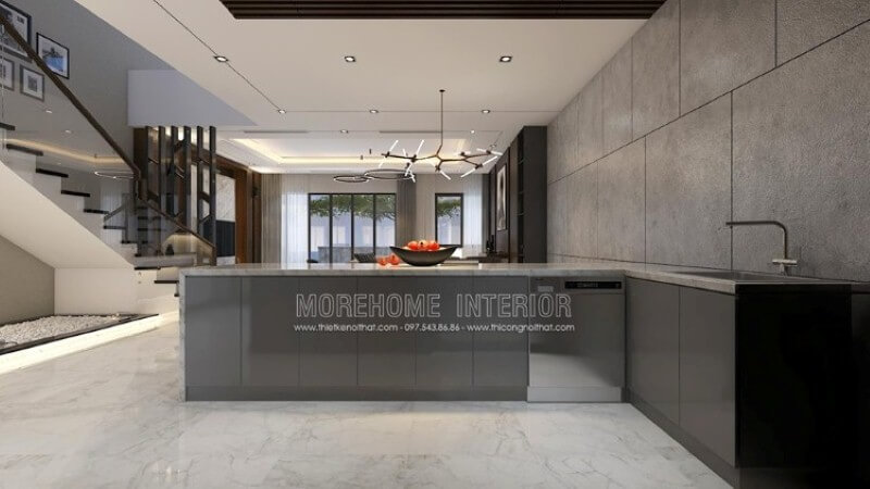 Mẫu bàn đảo bếp độc đáo với bố trí nội thất hiện đại sang trọng từ bộ tủ gỗ công nghiệp acrylic An Cường được phủ bề mặt đá ốp nâu vân chỉ đẹp sang trọng. Tủ bếp