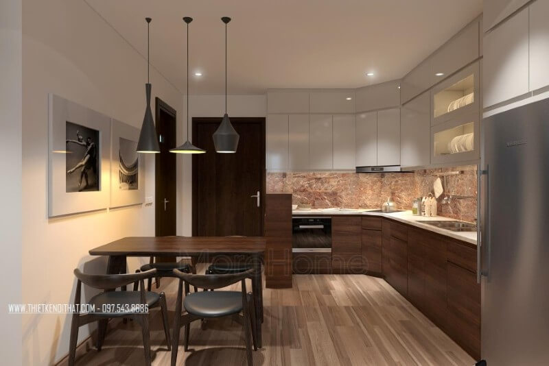 Thiết kế nội thất bếp chung cư và khu vực ăn uống liền kề, không tạo vách ngăn như các thiết kế truyền thống vì vậy mang đến cho không gian sống một sự liền mạch, thống nhất Thiết kế phòng bếp, tủ bếp đẹp