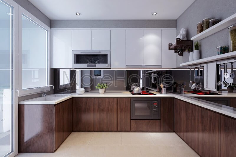 Mẫu tủ bếp chung cư được phân chia nhiều ngăn hợp lí, giúp cho gia chủ dễ dàng phân loại và lưu trữ đồ khô hay vật dụng nấu nướng Tủ bếp hiện đại, tủ bếp chữ u, tủ bếp chữ i, tủ bếp chữ l