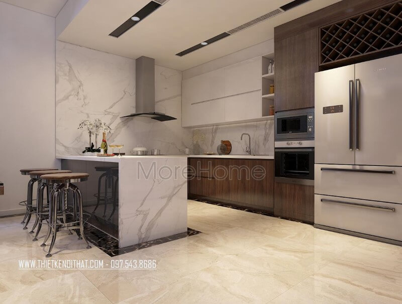 Mẫu tủ bếp gỗ công nghiệp màu nâu hiện đại với thiết kế nối dài để trang trí những sản phẩm phục vụ cho khu bếp của gia đình Tủ bếp hiện đại, tủ bếp chữ u, tủ bếp chữ i, tủ bếp chữ l