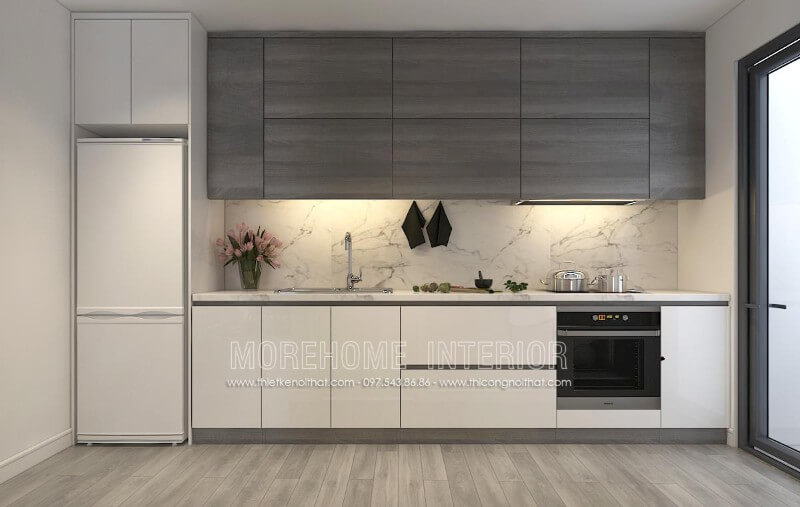 Mẫu thiết kế tủ bếp cho căn hộ chung cư kiểu dáng chữ i nhỏ gọn kết hợp chất liệu công nghiệp chủ đạo tạo không gian thoáng đãng hơn Tủ bếp hiện đại, tủ bếp chữ u, tủ bếp chữ i, tủ bếp chữ l