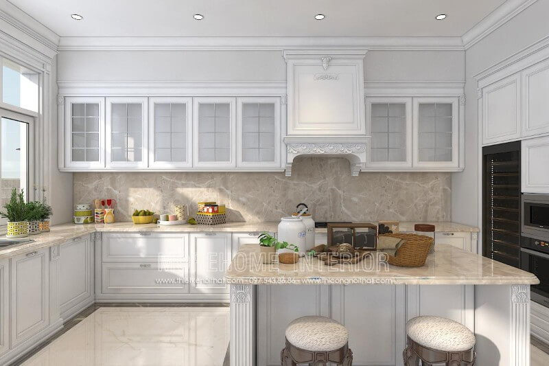 Thiết kế tủ bếp đẹp tân cổ điển với chất liệu gỗ tự nhiên phun sơn trắng lại mang đến cho các thành viên trong gia đình có cảm thấy thân thiết và gần gũi nhau hơn. Tủ bếp hiện đại, tủ bếp chữ u, tủ bếp chữ i, tủ bếp chữ l