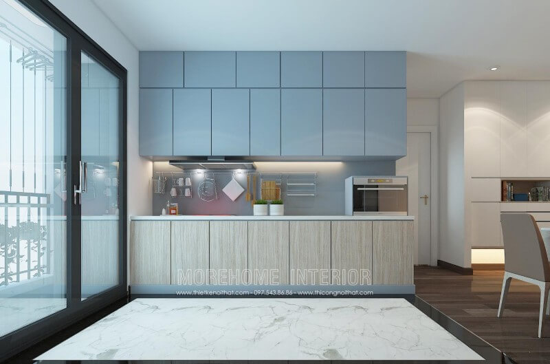 Tủ bếp hiện đại được bố trí hợp lí, các ngăn tủ được phân chia khoa học, bạn có thể dễ dàng phân loại và lưu trữ đồ dùng phòng bếp chung cư tiện nghi hơn Tủ bếp chung cư