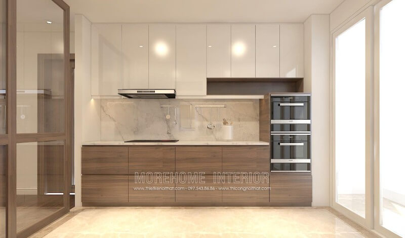 Thiết kế tủ bếp chữ i hiện đại được sử dụng chất liệu gỗ công nghiệp MDF lõi xanh, chịu ẩm, bề mặt cánh có sự kết hợp của Acrylic và Laminate mang lại sự sang trọng cũng như độ bền cao Thiết kế và sản xuất tủ bếp đẹp