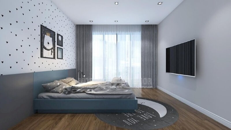 Giấy dán tường phòng trẻ em đơn giản cùng bộ tranh hình con vật ngộ nghĩnh giúp phòng bé trở nên sinh động, đáng yêu. Thiết kế chung cư