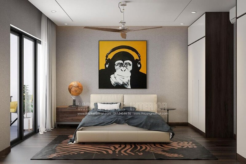 Thảm trải sàn hình vằn độc đáo cho phòng ngủ hiện đại. Thiết kế chung cư