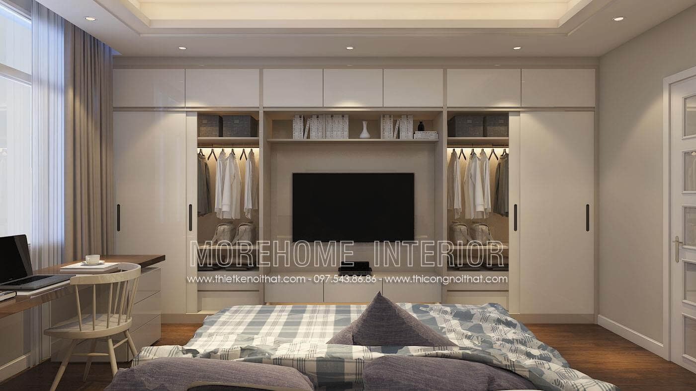 Thiết kế tủ áo thông minh, vừa là tủ quần áo, vừa là kệ tivi, giải pháp tiết kiệm không gian cho phòng ngủ chung cư Thiết kế chung cư