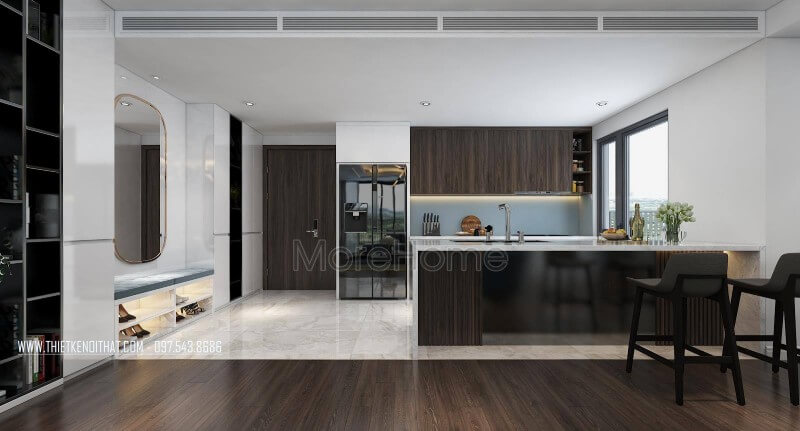 Thiết kế nội thất không gian phòng bếp đa năng với mẫu tủ bếp gỗ công nghiệp tinh tế. Tủ bếp