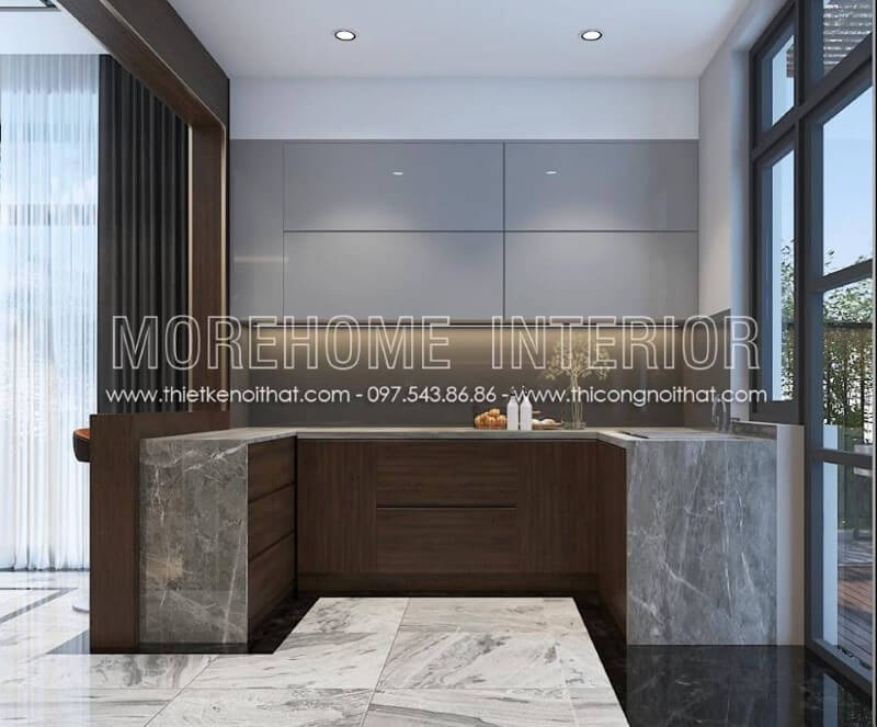 Mẫu tủ bếp đẹp phong cách hiện đại được làm từ chất liệu gỗ công nghiệp nhẹ nhàng phù hợp với nhiều không gian sống như chung cư, biệt thự... Tủ bếp
