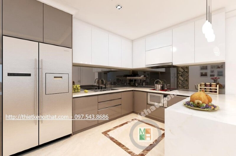 Tủ bếp hiện đại được thiết kế theo kiểu dáng chữ u đầy mới lạ, các ngăn tủ được phân chia một cách khoa học giúp cho người nội trợ dễ dàng tạo cảm hứng hơn trong quá trình nấu nướng Tủ bếp hiện đại đẹp