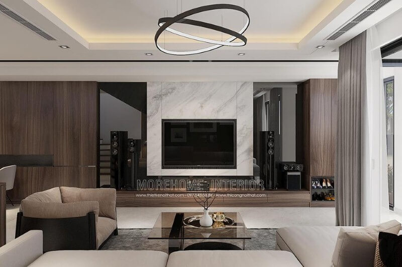 Thiết kế phòng khách ấn tượng từ tấm ốp phòng khách tương phản giữa 2 sắc màu đối lập: đen trắng. Thiết kế nội thất phòng khách biệt thự