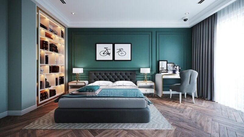 Bộ 2 tranh canvas hình xe đẹp đẹp tạo điểm nhấn sinh động cho phòng ngủ sắc xanh nổi bật. Thiết kế nội thất phòng ngủ biệt thự