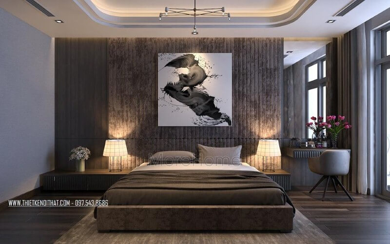 Tranh in canvas nghệ thuật tạo điểm nhấn độc đáo cho phòng ngủ master hiện đại. Thiết kế nội thất phòng ngủ biệt thự