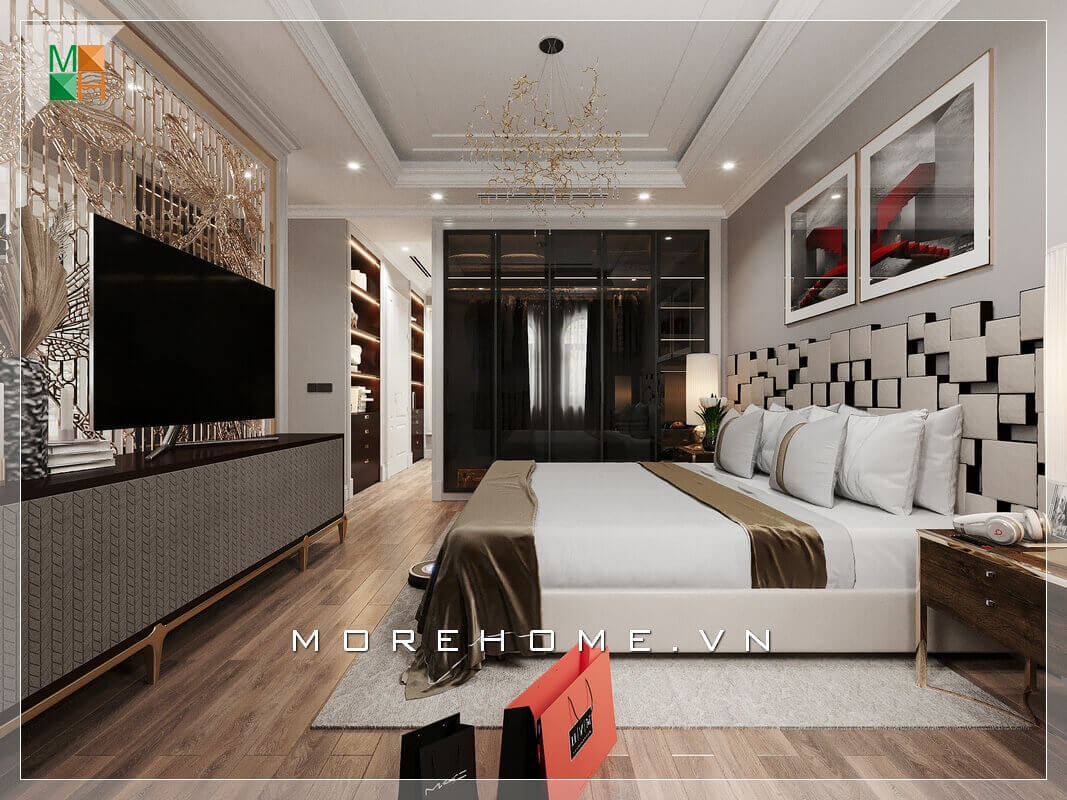 Tủ quần áo thiết kế âm tường cánh kính màu đen đẹp mắt và sang trọng. Thiết kế nội thất phòng ngủ biệt thự