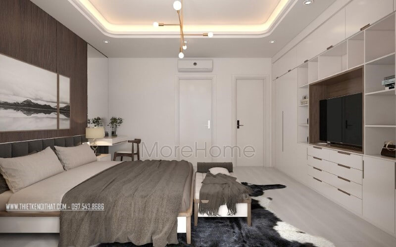 Bối cảnh phòng ngủ hiện đại đẹp, nhẹ nhàng sâu lắng với gam trắng từ tường kết hợp cùng gỗ óc chó sẫm màu ốp tường. Thiết kế nội thất phòng ngủ biệt thự