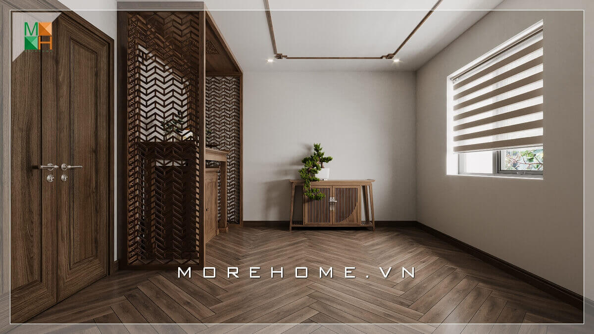 Chất liệu chính căn phòng thờ là gỗ óc chó tự nhiên cao cấp, sàn lát gỗ làm tăng sự sang trọng và sự đầu tư của gia chủ vào không gian nơi đây.