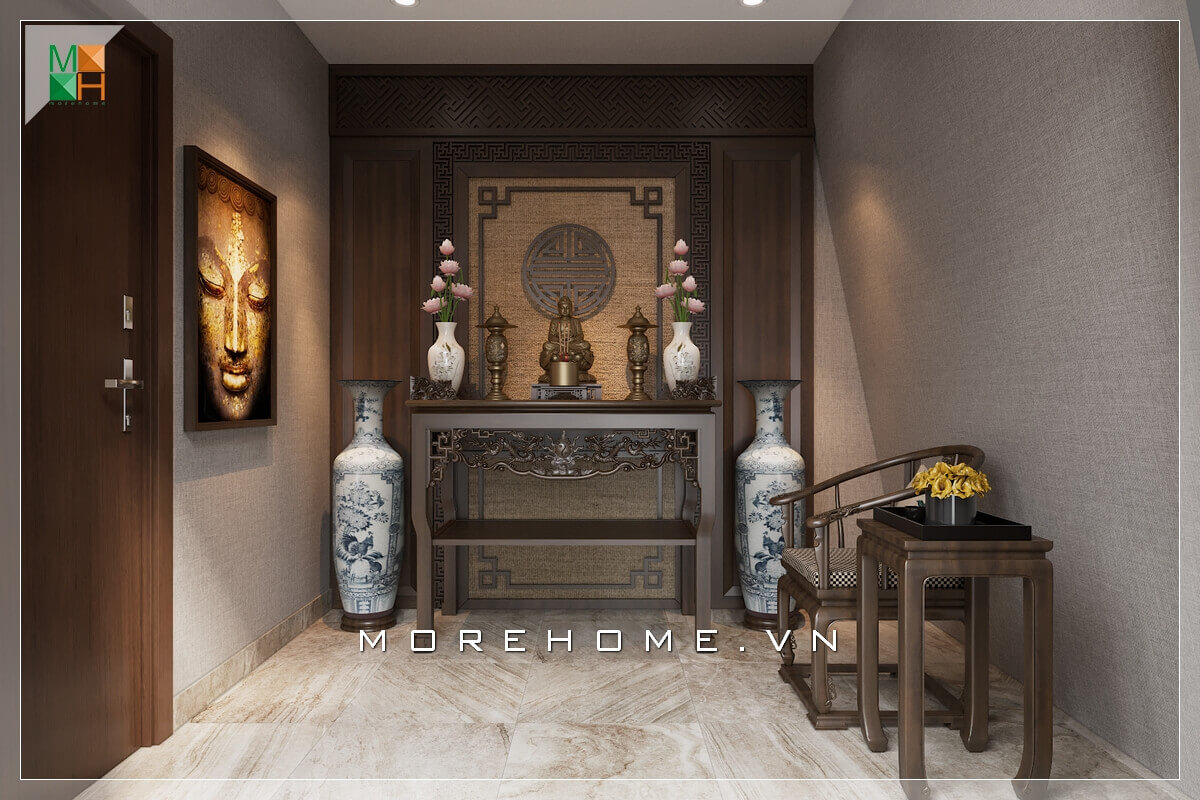 Cách bày trí không gian nội thất phòng thờ đẹp vừa hiện đại nhưng không làm mất đi vẻ truyền thống của không gian tâm linh thờ phụng.