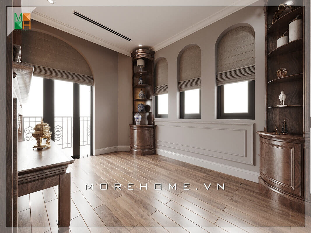 KTS thiết kế thông minh với sự sắp xếp 2 kệ đồ bằng gỗ tự nhiên óc chó cao cấp bày trí ở 2 góc của căn phòng, cách bày trí rất hợp lý và sáng tạo.