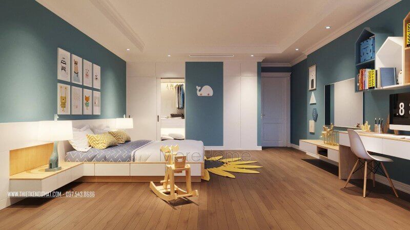 Giường ngủ gỗ công nghiệp thiết kế đơn giản, màu trắng trang nhã làm đẹp cho không gian phòng ngủ của bé