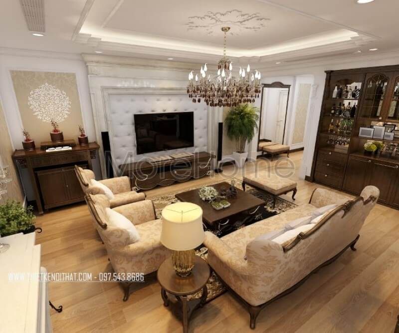 Mẫu bàn trà gỗ tự nhiên được đặt chính giữa tạo cho không gian