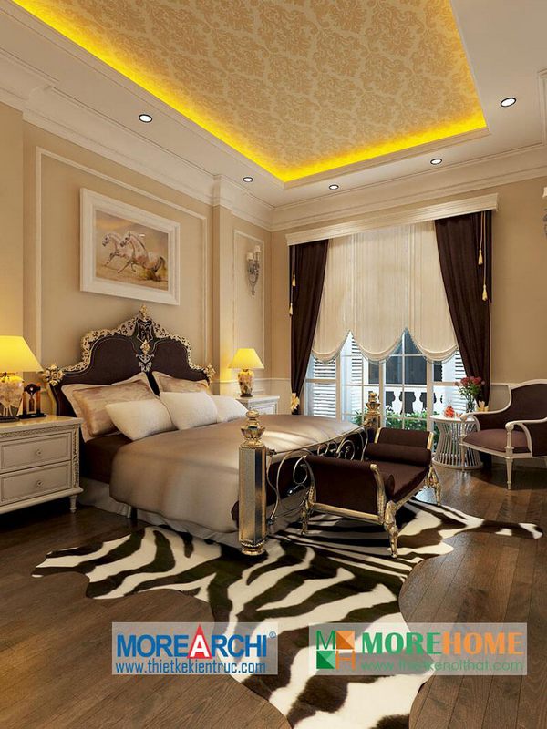 Mẫu giường ngủ bọc da tân cổ điển với đường cong uốn lượn trên thành giường sang trọng là điểm nhấn nổi bật cho căn phòng