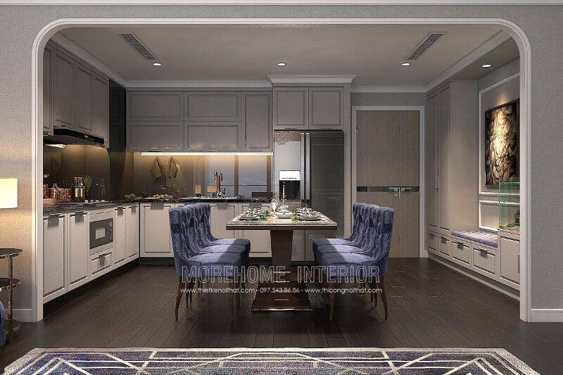 Tủ bếp gỗ tự nhiên sơn trắng với đường nét tân cổ điển đẹp mắt