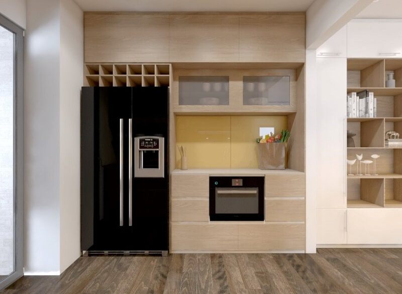 Thiết kế hệ tủ bếp gỗ hiện đại tích hợp đa chức năng kết hợp tủ lạnh và lò vi sóng mang đến một không gian bếp lí tưởng