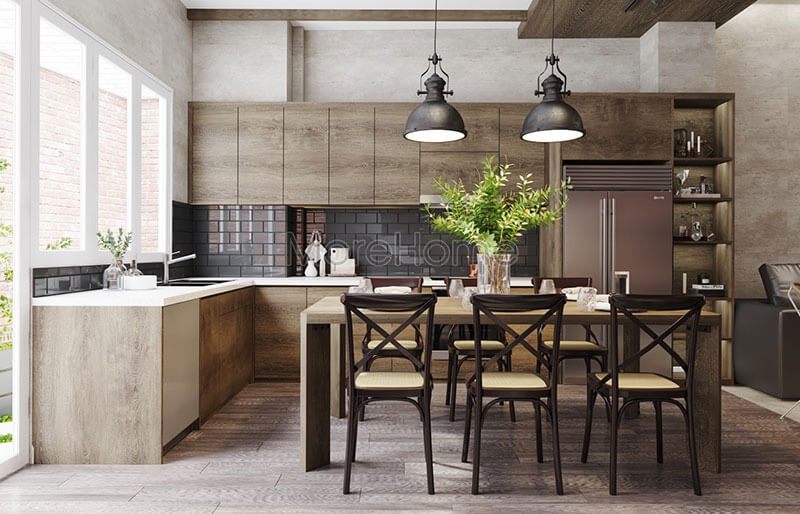 Thiết kế phòng bếp hiện đại với mẫu tủ bếp gỗ chữ L tiện nghi cho người nội trợ