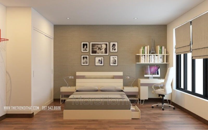 Giấy dán tường đơn sắc vân sần nhẹ nhàng tạo hiệu ứng cơi nới hơn cho không gian phòng ngủ thêm rộng và thoáng