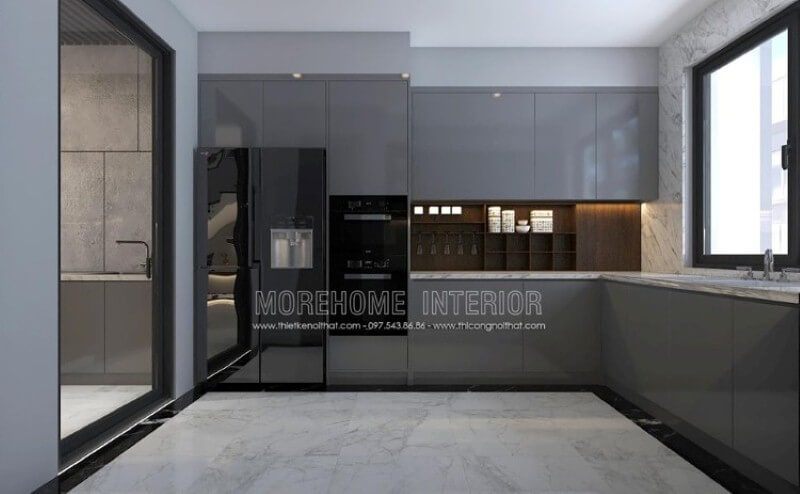 Nếu bạn muốn tách biệt không gian giữa khách và bếp, ý tưởng thiết kế phòng bếp sử dụng cửa kính và không gian bếp hiện đại được bố trí một cách khoa học sẽ rất phù hợp nhiều không gian như chung cư, biệt thự, nhà phố trên đây.