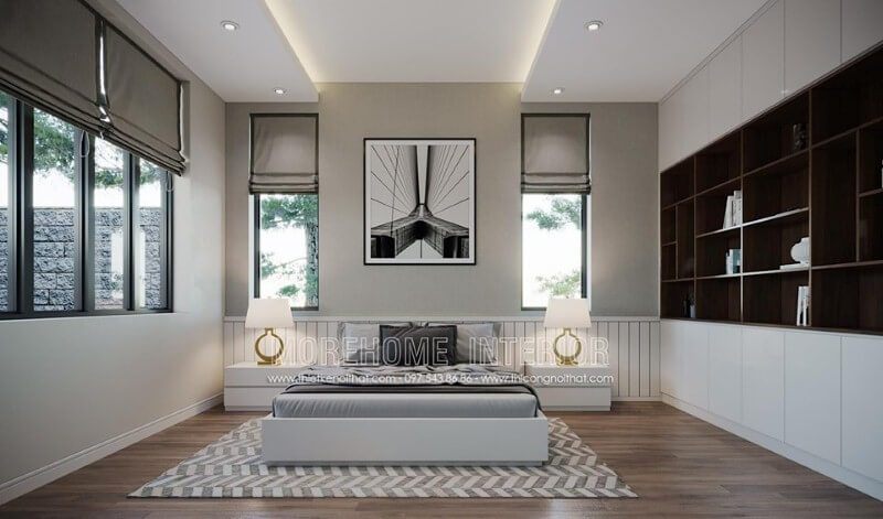 Tường sơn trắng tạo vẻ đẹp sang trọng, thanh lịch cho phòng ngủ hiện đại.