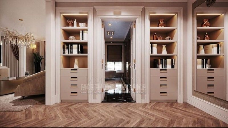 Sắp xếp nội thất phòng ngủ master có tủ, kệ đựng đồ đẹp, độc đáo với nhiều ngăn đựng và ô đựng hở.