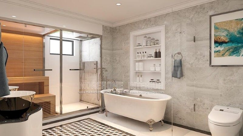 Đá ốp phòng tắm cao cấp, gạch lát nền giả cổ, bồn tắm trắng hoa văn cổ điển cùng vách tắm kính cường lực trong suốt đã tạo nên không gian phòng tắm thông thoáng, đẹp mắt và sang trọng.