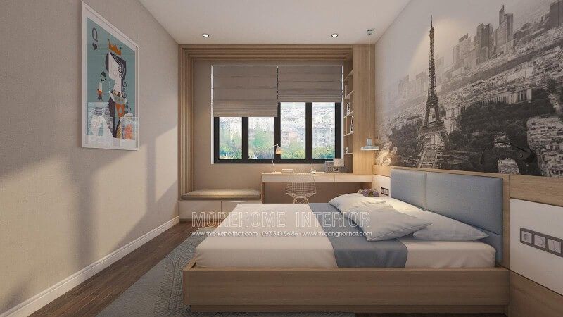 Trang trí nội thất phòng ngủ với ý tưởng tập trung vào công năng từ góc làm việc, học tập và giảm thiểu tối đa chi tiết không hữu hiệu như tivi và thay vào đó là tranh treo tường canvas nghệ thuật đẹp mắt.