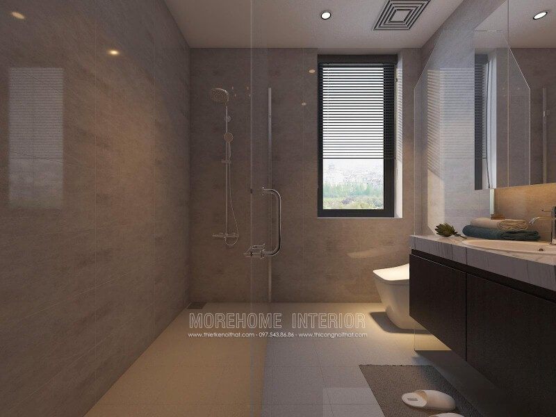 Phòng tắm kính 135 độ với sắp xếp khoa học giúp không gian phòng tắm nhỏ trở nên thông thoáng nhưng vẫn đảm bảo tiện nghi.