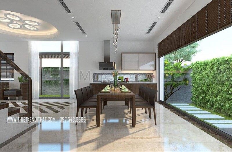 Thiết kế nội thất biệt thự hiện đại với bộ bàn ăn gỗ đẹp mang đến không gian phòng ăn lí tưởng đẳng cấp