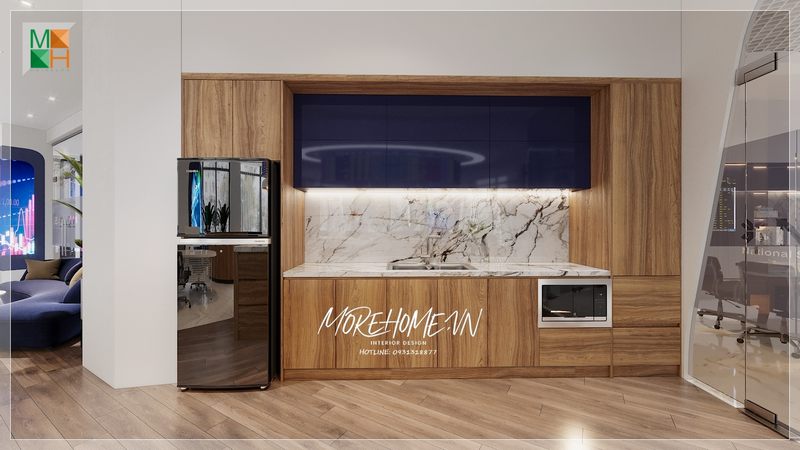 Tủ bếp chữ i gỗ công nghiệp mặt đá trắng vân mây hiện đại sử dụng với diện tích không được rộng nhưng vẫn mang lại sự tiện lợi và gọn gàng.