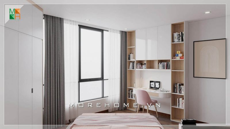 Mẫu phòng ngủ tông màu trắng trẻ trung, với bàn học kết hợp cùng giá sách giúp tiết kiệm diện tích sử dụng, cùng với cửa sổ lớn với rèm che màu xám tạo điểm nhấn làm cho căn phòng trở nên rộng rãi và thoáng mát hơn.