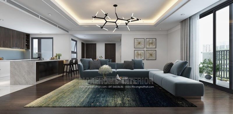 .
Sofa L bọc bằng chất liệu nỉ màu xanh nhạt giúp tạo ra một cảm giác nhẹ nhàng và thoải mái cho không gian phòng khách.