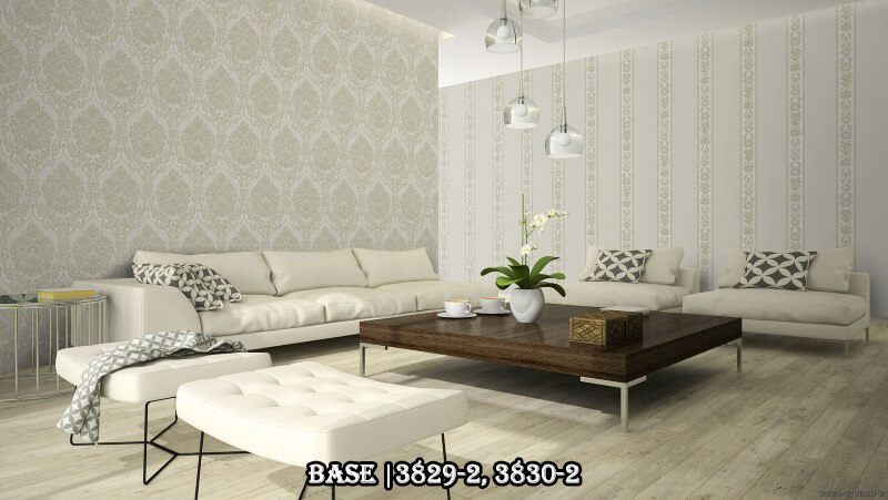 Không gian phòng khách được trang trí sang trọng và lịch lãm bằng cách kết hợp hai mẫu giấy dán tường cổ điển 3829-2 và 3830-2.