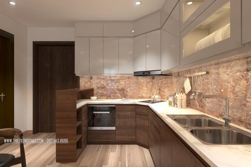 Đá ốp mặt bàn bếp với những đường vân tinh tế được xem là một phần cốt lõi để cân bằng yếu tố thẩm mỹ trong căn nhà, tránh không gian sống trở nên nhàm chán và đơn điệu.