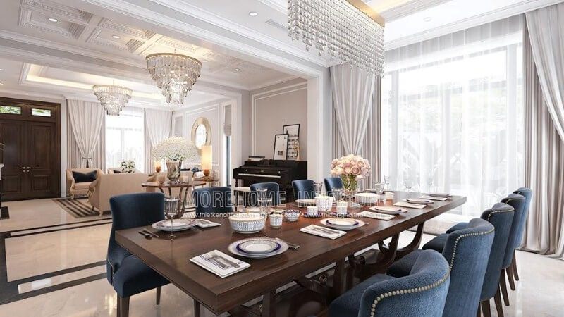 Thiết kế phòng ăn liền phòng khách đẹp, sang trọng ấn tượng với sắc xanh nổi bật từ bộ bàn ghế cùng lối thiết kế nội thất tân cổ điển quý phái.